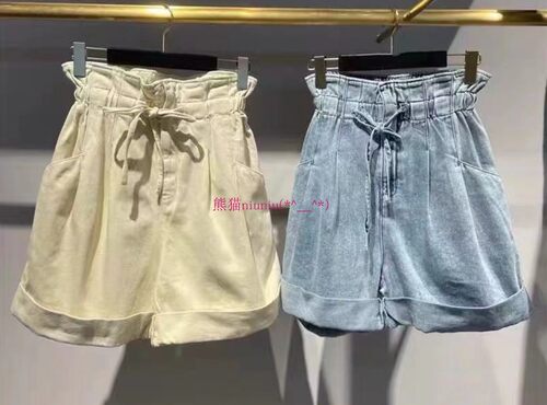 22年夏高腰花苞系带卷边牛仔短裤