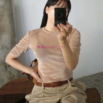 后拉链垫肩透视丝绒短袖T恤上衣