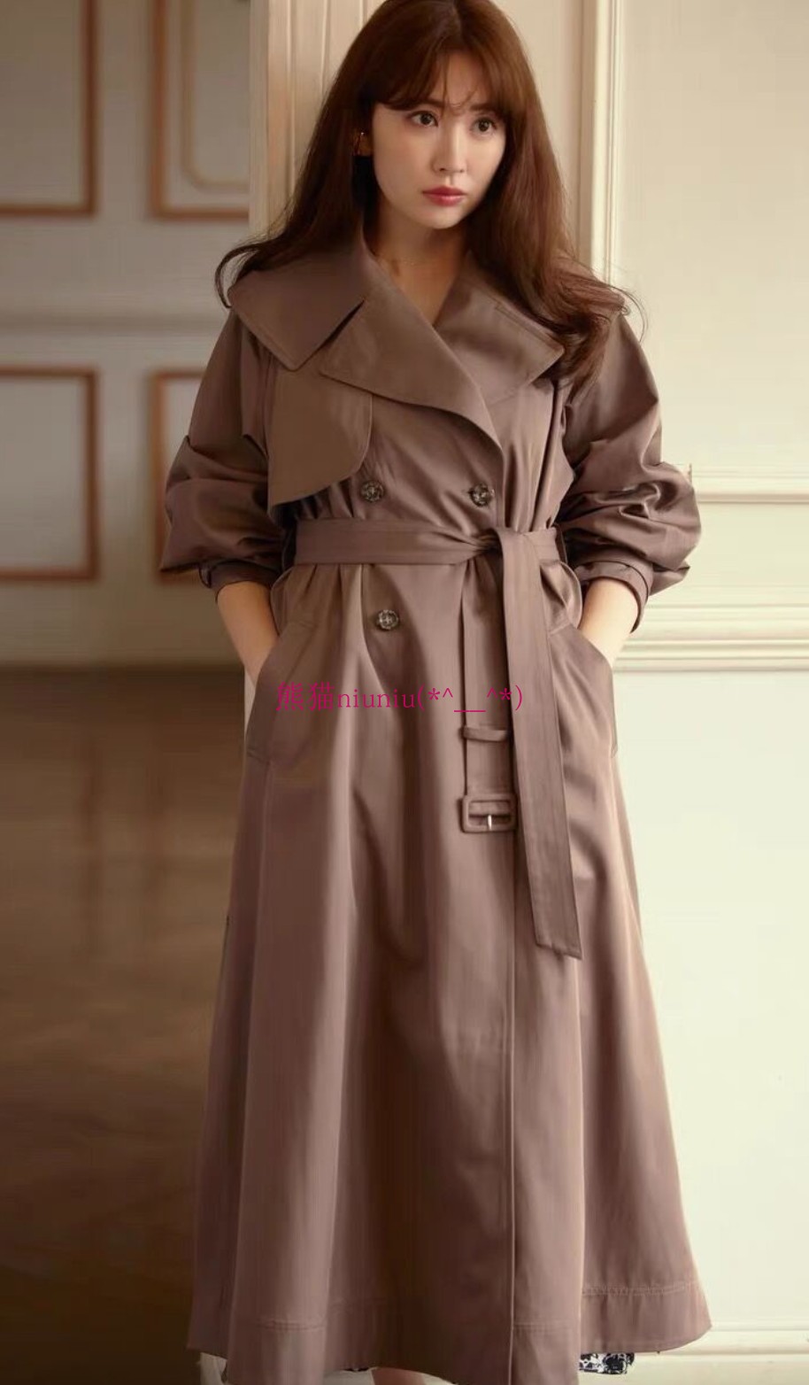 气质新款翻领双排扣腰带风衣外套