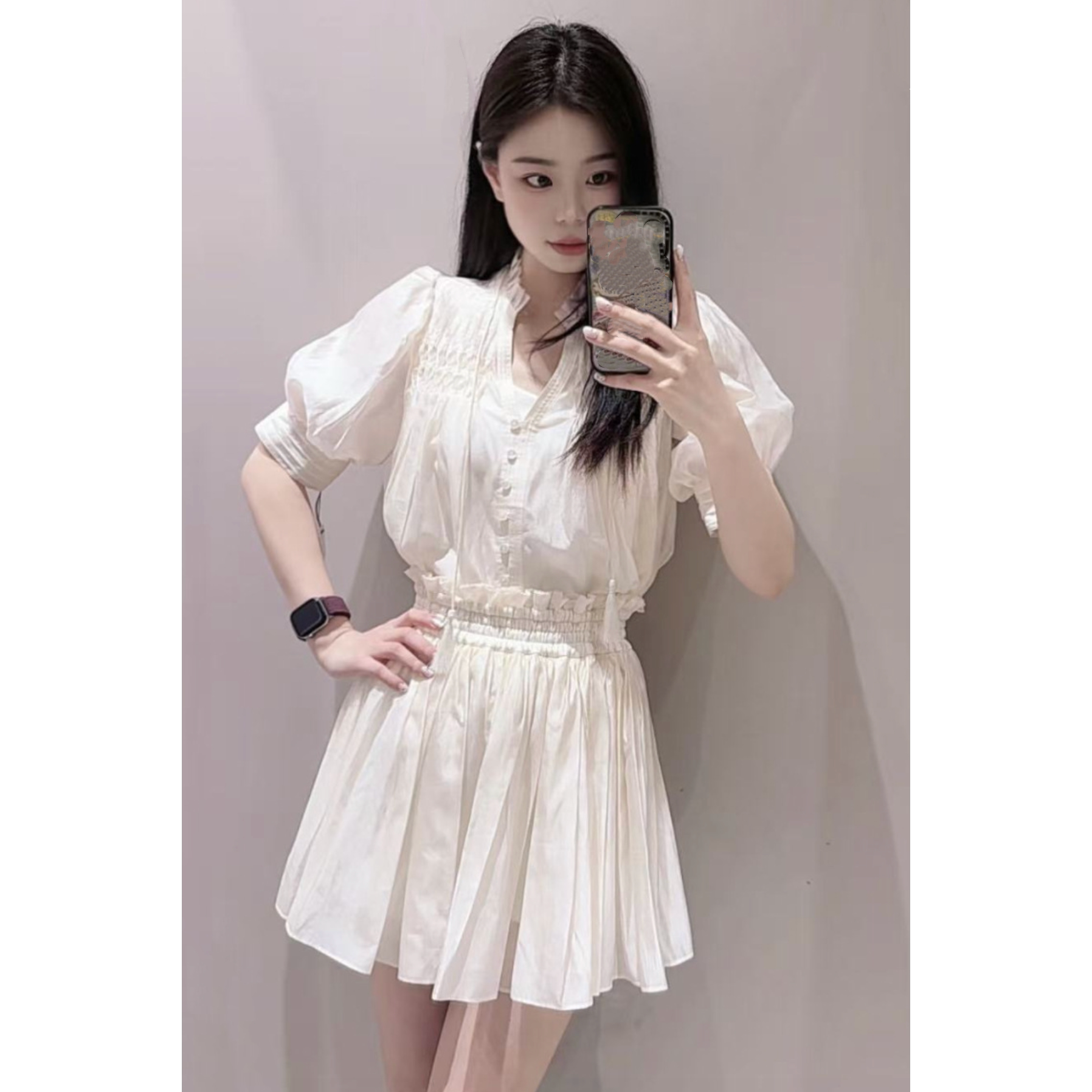 甜美泡泡袖衬衫+半身短裙两件套