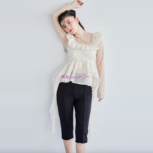 甜美荷叶褶边飘带雪纺衬衫上衣