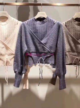 甜美温柔质感！纯圆人气~LB家 假两件露肩系带针织上衣