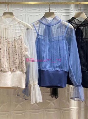 甜美打底！独+纯元~LB家 薄纱领结蕾丝荷叶袖衬衫上衣