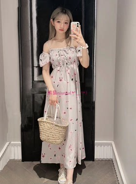 温柔又清新！纯圆LB家 甜美可拆泡泡袖露肩印花连衣裙
