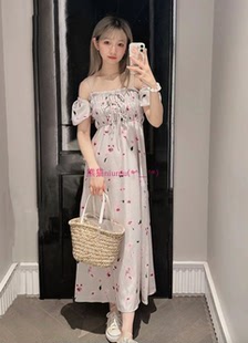 温柔又清新 露肩印花连衣裙 纯圆LB家 甜美可拆泡泡袖