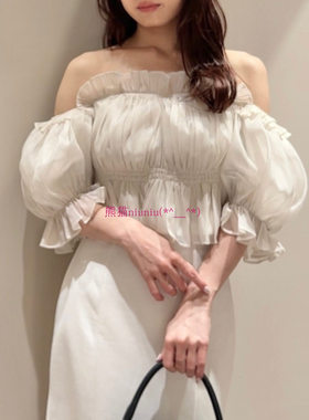25年新色！原厂出！S家 甜美一字肩荷叶边褶皱泡泡袖抹胸雪纺衬衫