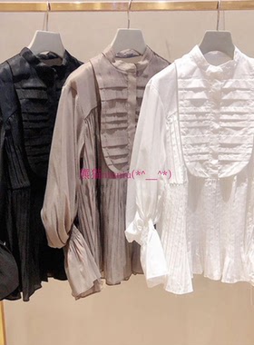 甜美纯色系！独家原 S家 褶皱雪纺立领喇叭袖衬衫上衣