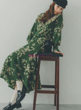 复古宫廷蕾丝翻领刺绣印花连衣裙