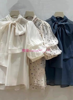 又甜又欲！纯圆LB家 蝴蝶结系带泡泡袖欧根纱雪纺衬衫