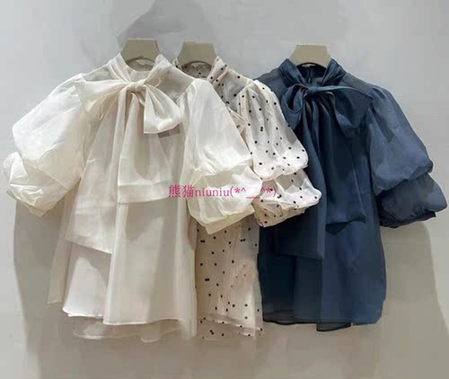 蝴蝶结系带泡泡袖欧根纱雪纺衬衫