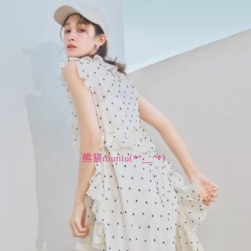 原厂出！气质范儿~现货LB家 甜美V领荷叶边小飞袖收腰波点连衣裙
