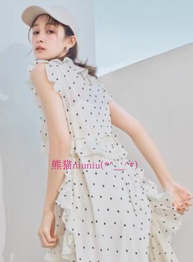 原厂出！气质范儿~现货LB家 甜美V领荷叶边小飞袖收腰波点连衣裙