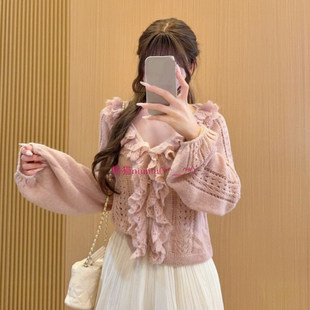 纯元 甜美温柔 款 S家 法式 V领蕾丝镂空荷叶边针织毛衣开衫 贵牌感