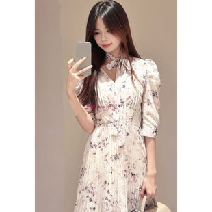 优雅甜美风！原厂追加~S家 泡泡袖蝴蝶结系带 褶皱蛋糕印花连衣裙