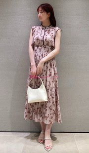 圆领小飞袖 法式 S家 纯元 印花收腰百褶雪纺连衣裙 甜美