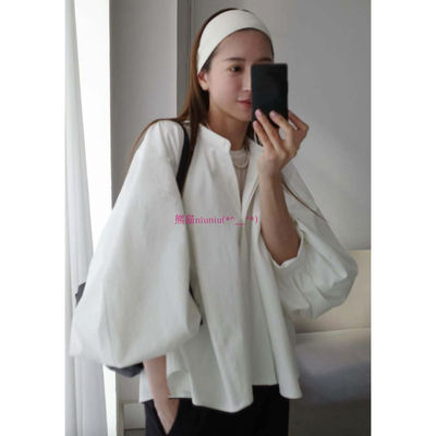纯色宽松灯笼袖小立领衬衫上衣