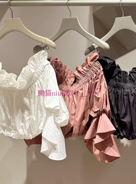 气质减龄！纯圆S家 甜美一字肩褶皱喇叭袖纯色衬衫上衣