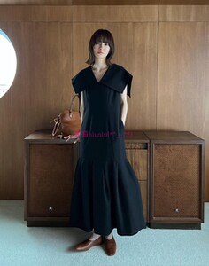 气质范儿！独+纯圆~C1ane 松本款 V字大翻领拼接式显瘦百褶连衣裙
