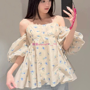 纯元贵牌！甜美肌理感！LB家 泡泡袖一字肩 吊带露肩提花衬衫上衣