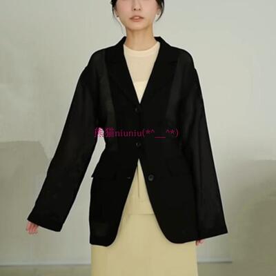 系带收腰透视网格翻领西装外套