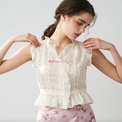 荷叶边蕾丝拼接V领提花无袖衬衫