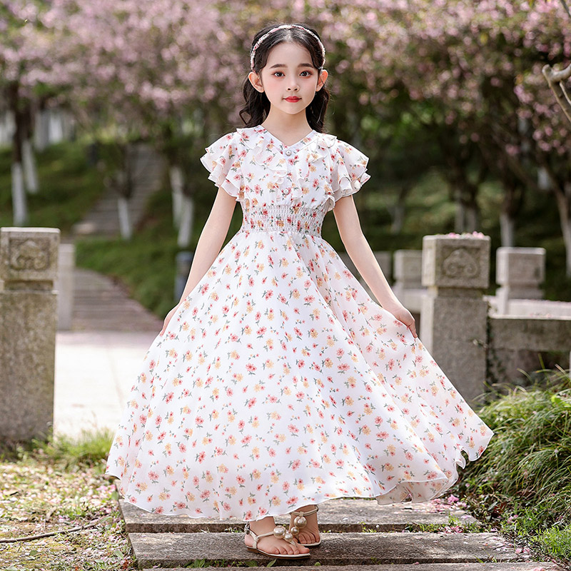 女童连衣裙夏季雪纺长裙小女孩小清新海边沙滩裙碎花公主裙