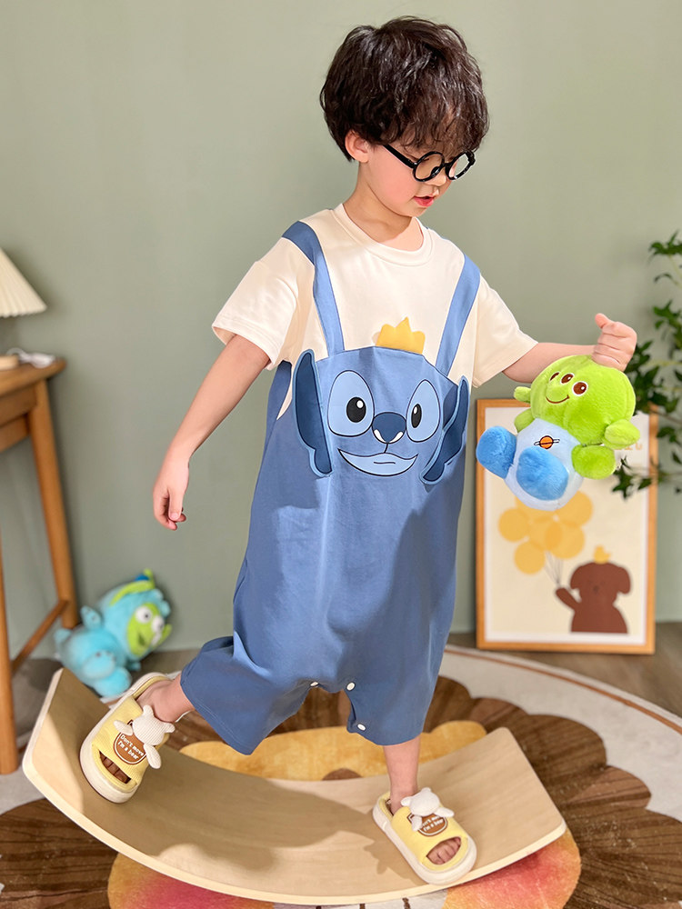 ONE-PIECE PAJAMAS CHILDRENS BOYS BABY KICK-PROOF ANTI-COLD SUMMER AIR-CONDITIONED CLOTHES COTTON LOOSE MEDIUM AND LARGE CHILDRENS LOUNGEWEAR