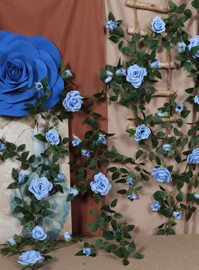 蓝紫色仿真玫瑰花藤 景区民宿门店拍照打卡背景墙面装饰假花藤条