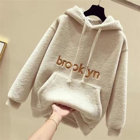 新品爆款加绒加厚套装女秋冬新款宽松刺绣仿羊羔毛卫衣女