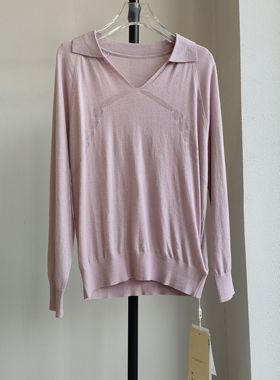 唯Yi正品断码亏清 粉紫色气质翻领30绵羊毛宽松薄款打底针织衫女