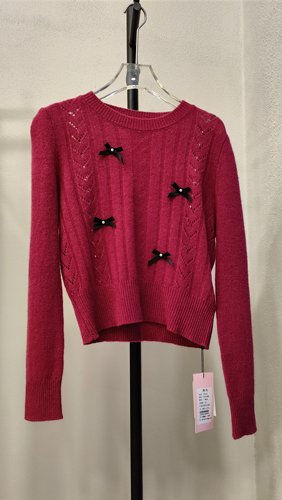 正品亏清 初春新款 100%羊毛圆领蝴蝶结小个子镂空针织套头毛衫女