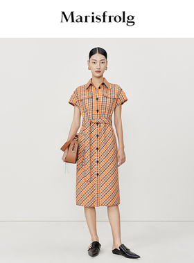 【英伦气质】玛丝菲尔夏新款橙色衬衫领短袖格纹收腰连衣裙