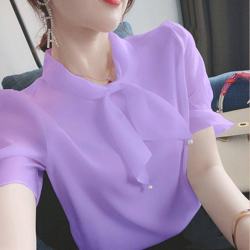 雪纺衫女夏新款2020韩版宽松大码雪纺女上衣洋气小衫高档法式短袖