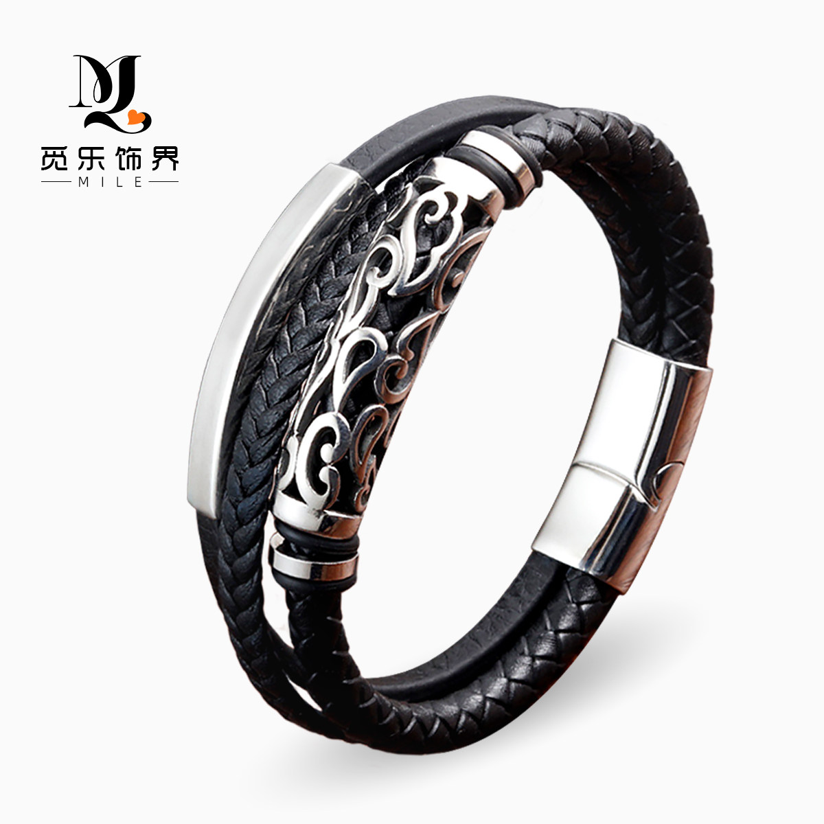 005~镂空雕刻不锈钢皮绳手链皮革手工编织多圈手环男士钛钢皮手带