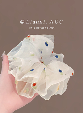 春夏新款甜美印花大肠发圈网纱肥肠圈百搭少女丸子头头绳头花发饰