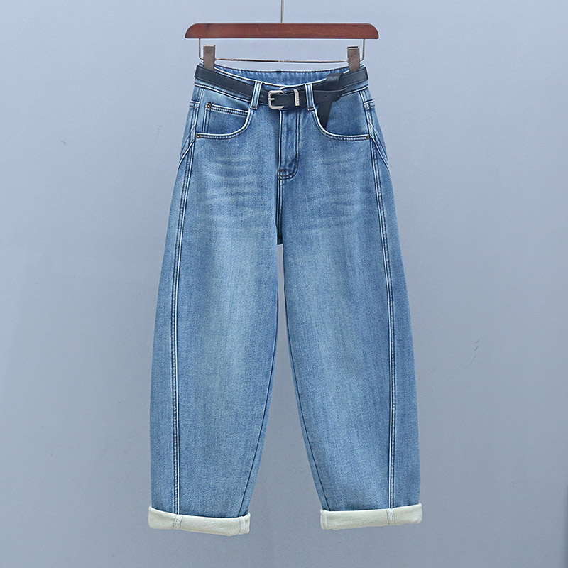 2025年冬季新款浅蓝色宽松牛仔裤高腰加绒加厚哈伦裤时尚女老爹裤