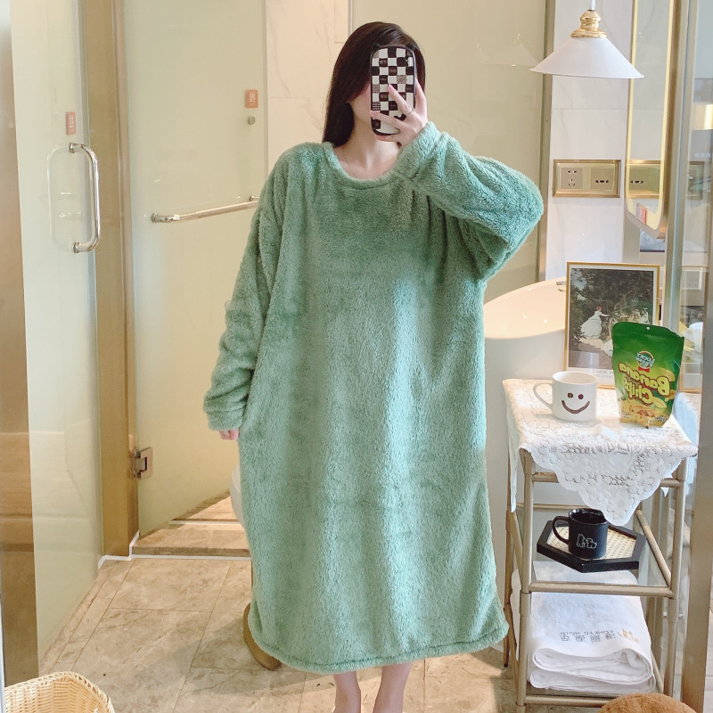 睡裙女冬季珊瑚绒加绒加厚法兰绒冬天长袖加肥大码睡衣女款秋冬款