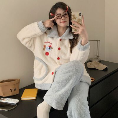 卡通珊瑚绒睡衣女秋冬季2025新款加厚加绒小个子可外穿居家服套装