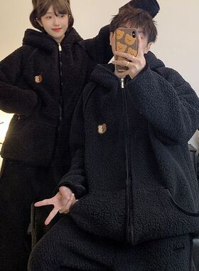 情侣睡衣女冬季珊瑚绒加厚高级感黑色大码胖MM300斤保暖男士套装