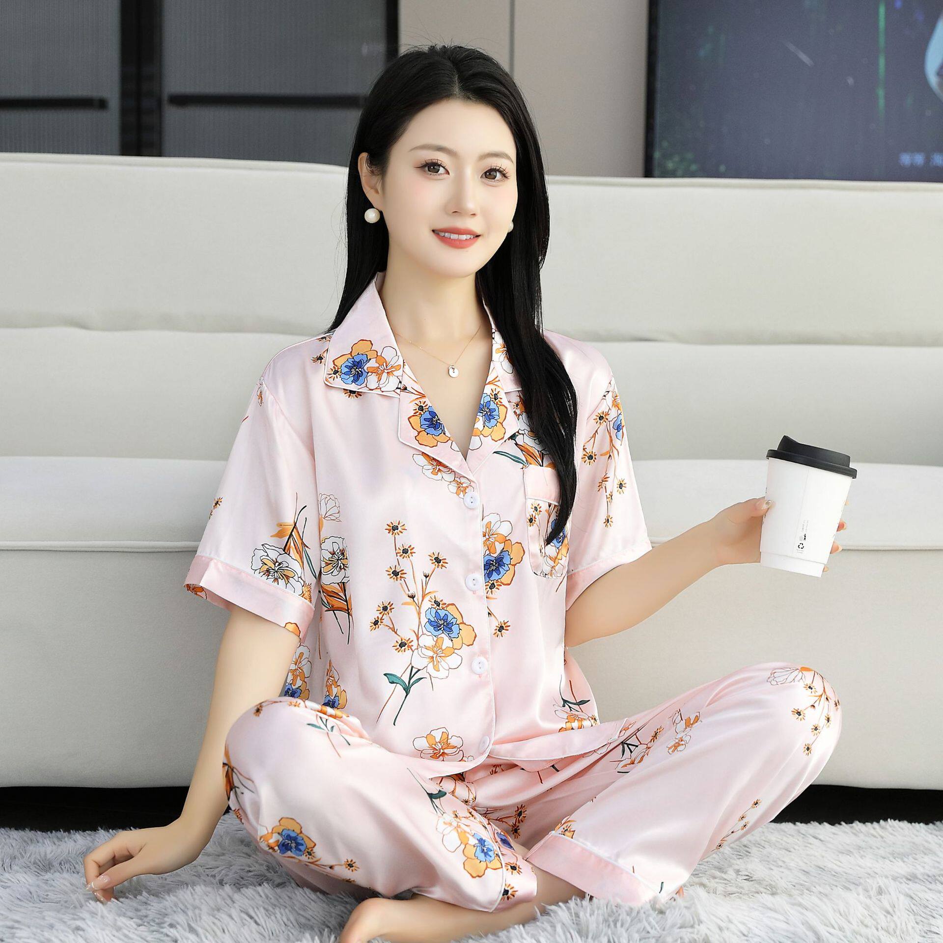 冰丝睡衣女士高级感夏季短袖长裤两件套中年妈妈薄款可外穿家居服