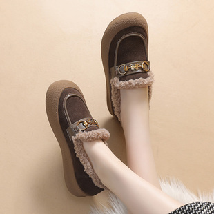 加绒保暖棉鞋 真皮一脚蹬大码 脚宽胖外穿肥真皮懒人鞋 秋冬新款 女鞋