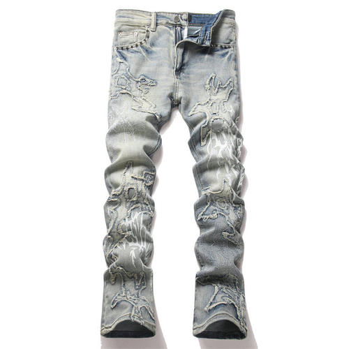 Men Skinny Flared Jeans 男士水洗蓝刺绣弹力紧身微喇叭牛仔裤