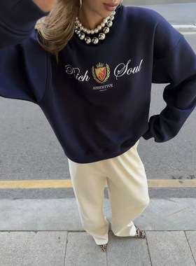 欧美新款休闲宽松时尚印花圆领卫衣Loose printed round neck top