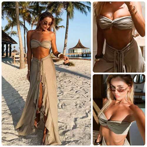 Khaki strapless slit long skirt two-piece set anti slip
