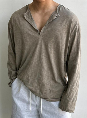 Men's Henley slouchy irregular loose long-sleeved T-shirt