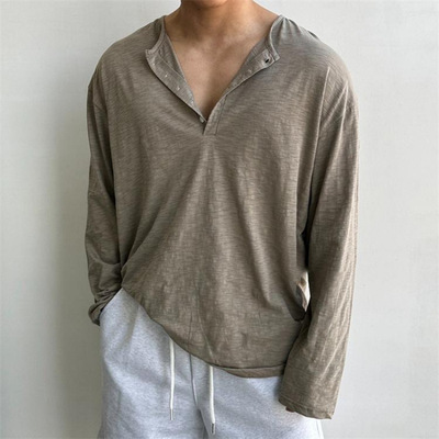 Men's Henley slouchy irregular loose long-sleeved T-shirt