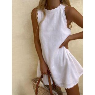 fashion夏季纯色背心女白色无袖连衣裙子宽松短款dress
