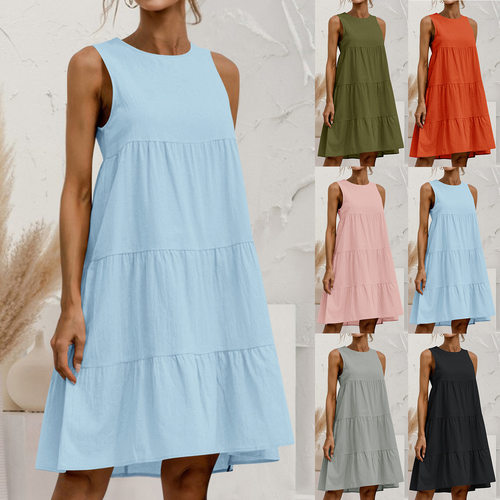 Sleeveless Solid Cotton Linen Dress无袖拼接宽松女连衣裙