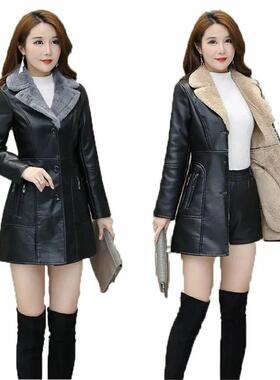 women leather jacket new mid length 23 slim fit warm thick