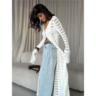 辣妹镂空针织开衫叠穿长袖外套V领纯色长款针织上衣女Long sleeve